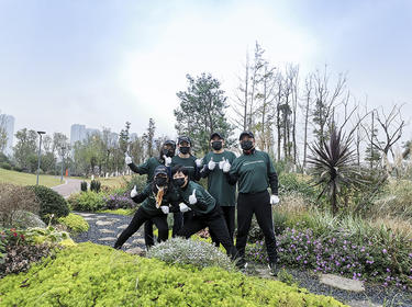 Six team members work outside during IMPACT Day